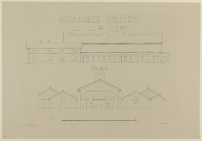 217532 Opstanden van de zij- en achtergevel van de Gasfabriek aan de Wittevrouwensingel te Utrecht.